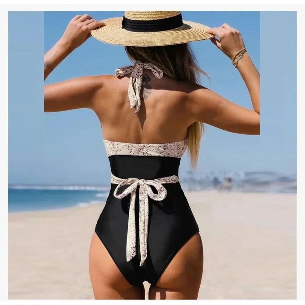 Cupshe Womens Halter One Piece Swimsuit XL Bathing Suit Black & Pink Snake Print